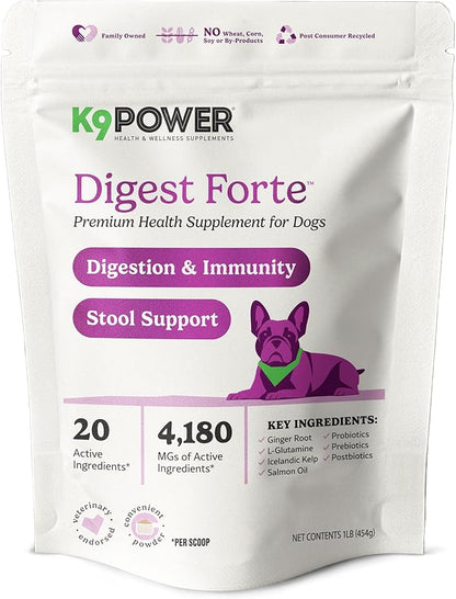 K9 Power Digest Forte for Dogs 1lb – Digestive, Immunity &amp; Calming Support - Enhances Nutrient Absorption - Balances Gut Flora - Eases Discomfort &amp; Boost Mood