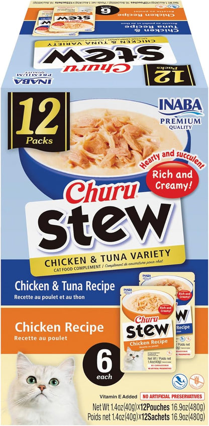 INABA Churu Stew for Cats, Side Dish Pouch with Vitamin E, 1.4 Ounces per Pouch, 12 Pouches, Chicken &amp; Tuna Variety