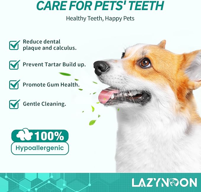 LAZYNOON Dog Teeth Cleaning Wipes - Dog Dental Wipes, Pet Dental Finger Wipes for Dogs &amp; Cats Teeth with Brushing Beads, Removes Plaque and Tartar Buildup, Freshens Breath, 60 Count