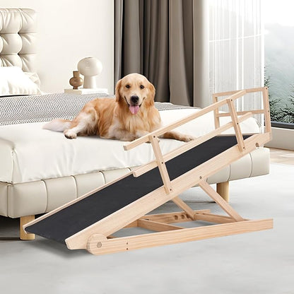 Folding Wooden Dog Ramp for Bed, Couch &amp; Car,45IN Long- 5 Level Adjustable Pet Ramp, Non-Slip Rubber Mat, 17.7&