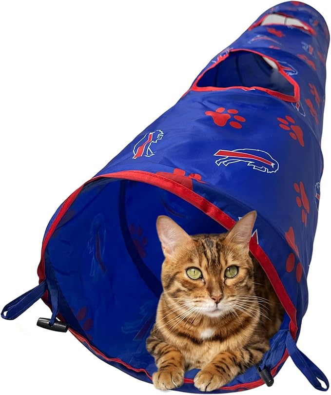 NFL Buffalo Bills Cat Tunnel Tube Toy with Plush Football Catnip and Feathers Collapsible Tunnel for Cats to Play, Peek and Hide, Sporty &amp; Fun Cat Tunnel Toy with Team Logo All-Over Design!