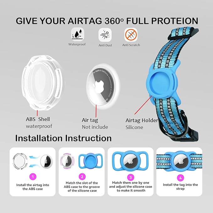 Reflective Dog Collar with Apple AirTag Holder &amp; QR Code Pet ID Tag,Soft Nylon Adjustable Dog Tracker Collar with Safety Lock for Small Dogs (Blue, S)