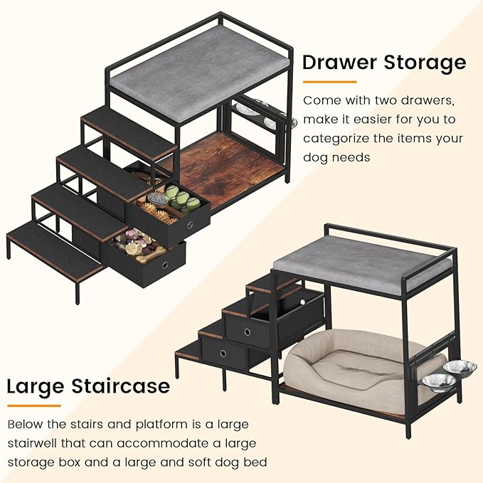 Dog Window Perch with 360° &amp; Adjustable Raised Feeder, Pet Bunk Bed with Removable Stair and 2 Drawers, Elevated Platform Bed, Pet Elevated Seat with Cushion, Paw-Friendly Ladder