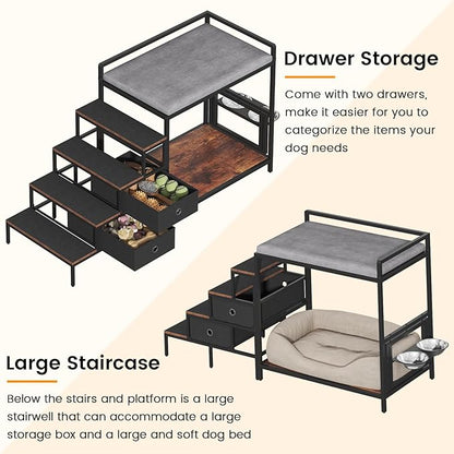 Dog Window Perch with 360° &amp; Adjustable Raised Feeder, Pet Bunk Bed with Removable Stair and 2 Drawers, Elevated Platform Bed, Pet Elevated Seat with Cushion, Paw-Friendly Ladder