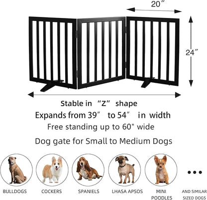 ZJSF Freestanding Indoor Dog Gate for House Foldable Wood Puppy Gate for Doorways Pet Gate for Stairs Extra Wide Pet Fence, Black, 24" Height 3 Panels