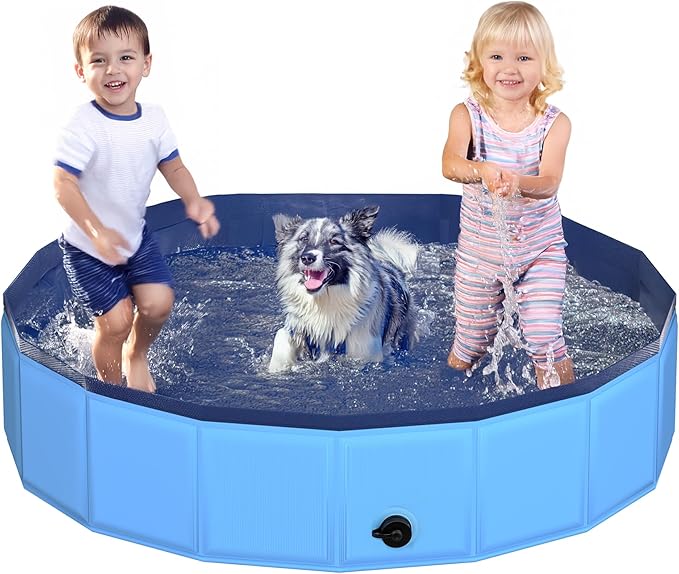 55.1" x 12" Foldable Dog Pool - Collapsible Hard Plastic Kiddie Pool for Dogs &amp; Kids, Non-Slip Pet Bath Tub for Outdoor Backyard Use, Lightweight &amp; Portable (Blue)