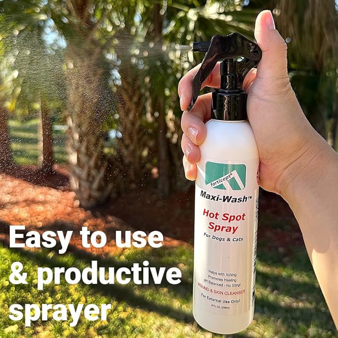 Forticept Maxi-Wash Hot Spot Spray Treatment, Wound Care &amp; Itch Relief Spray for Dogs and Cats. Relives Scratching, Rashes, Sores, Itchy Skin and Paw Licking 8 oz