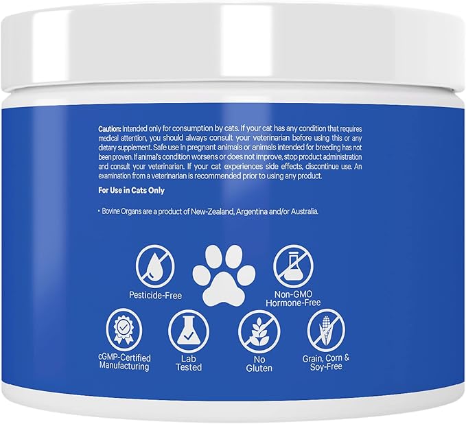 Happy Healthy Organs &amp; Glands Supplement For Cats, Freeze-Dried Raw Bovine Liver Grass-Fed Bone Marrow Heart Kidney Pancreas, Bovine Thymus Iron Multi Organ Powder, Joints Cat Vitamins 1.48 oz