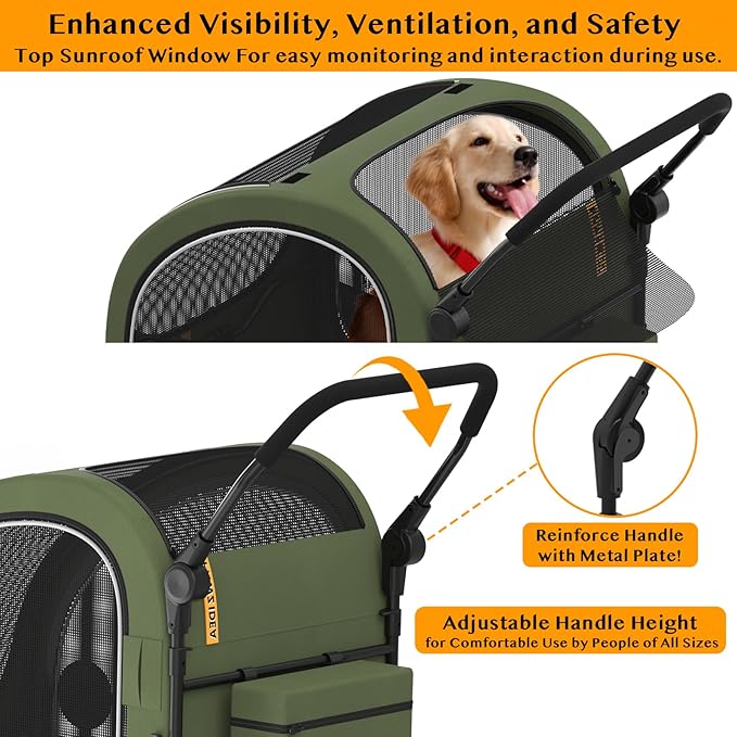 PAWZIDEA Dog Stroller for Large Dogs, Collapsible Pet Stroller with Detachable Carrier, Portable Dog Crate for Car Seat, Adjustable Handle, All-Terrain 9” Wheels, Ideal for Travel &amp; Outdoor Adventures