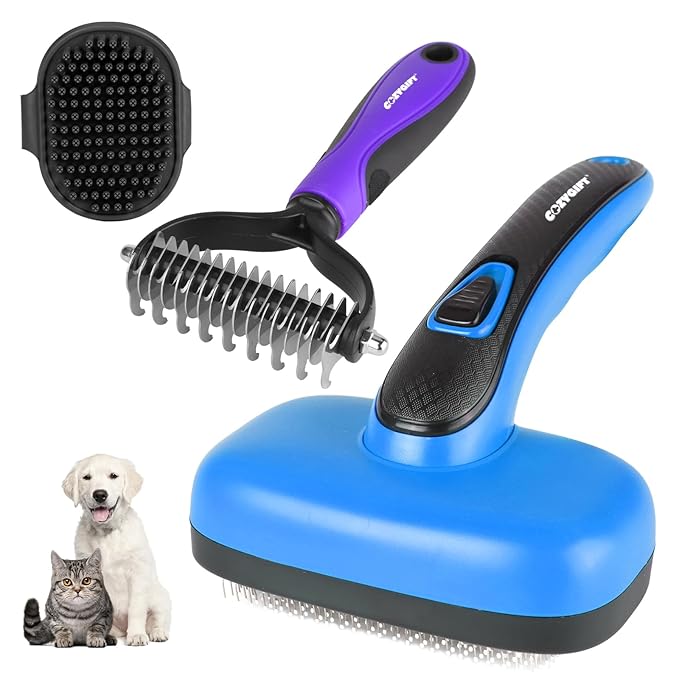 Dog Brush Kit – 3 PCS Grooming Set with Self-Cleaning Brush, Undercoat Rake &amp; Pet Bath Brush. Great for Shedding, Tangles &amp; Dirt Removal – Ideal for Long &amp; Short Haired Dogs &amp; Cats, Blue