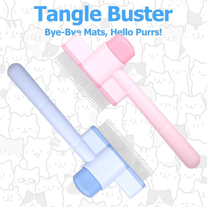 Zen Brush for Cats: Cat Flea Comb &amp; Dematting Comb for Cats - Self-Cleaning Pet Hair Removal Tool with Long &amp; Short Stainless Steel Teeth, Blue Pink