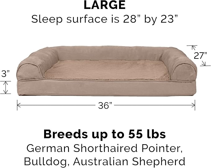 Furhaven Orthopedic Dog Bed for Large/Medium Dogs w/ Removable Bolsters &amp; Washable Cover, For Dogs Up to 55 lbs - Plush &amp; Suede Sofa - Almondine, Large