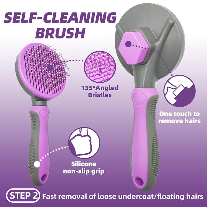 Dog Brush for Shedding, 7 PCS Dog Grooming Brush Kit Including Undercoat Rake, Slicker Brush, Dematting Comb, Nail Clipper, Bath Brush for Long &amp; Short Haired Dogs, Cats - Purple