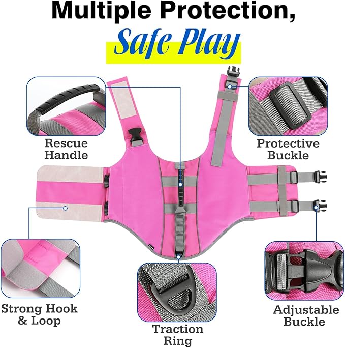 Pawaboo Dog Life Jacket, Reflective Dog Safety Vest Adjustable Pet Life Preserver with Strong Buoyancy &amp; Sturdy Rescue Handle, Ripstop Dog Lifesaver Vests for Swimming, Boating, L, Pink