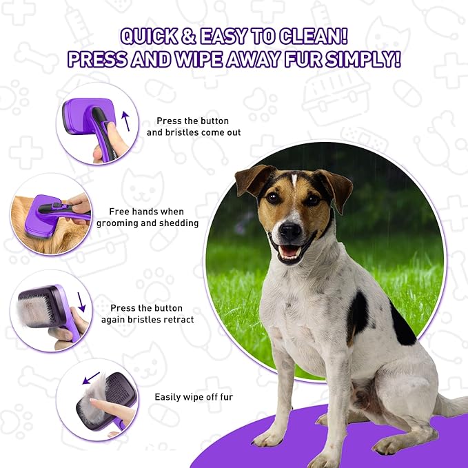 Dogs Cats Self Cleaning Slicker Brush for Shedding &amp; Grooming Any Breed of Pets, Removes Loose, Undercoat, Mats, Tangled Hair for Small Medium Large Animal With Long Short Fur Length, Purple