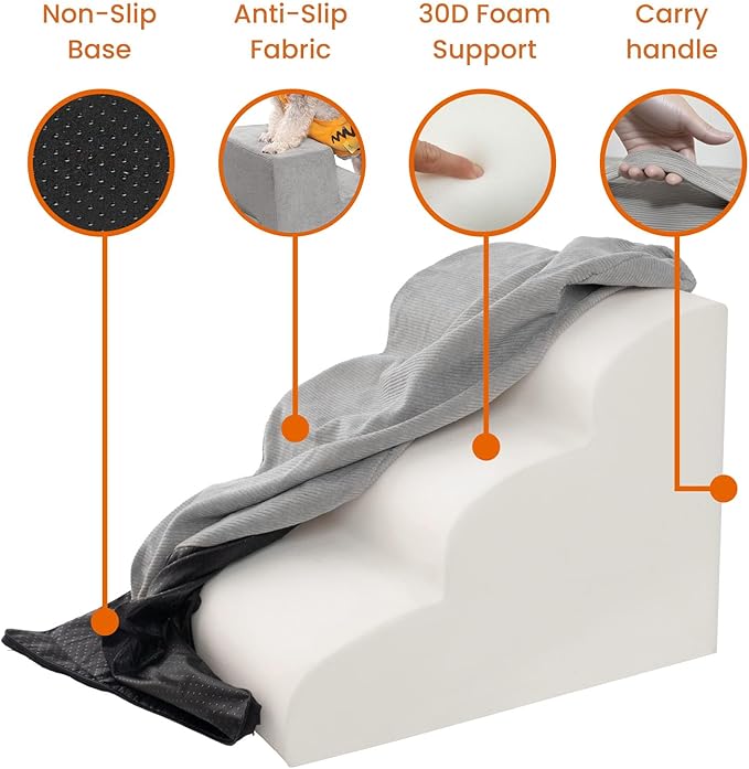 MEWANG Dog Stairs for Small &amp; Medium Dogs and Old Cats –3/4/ 5 Steps High-Density Foam Pet Ramp for Bed &amp; Couch, Non-Slip, Washable Cover, Grey (Round Corner, 3 Steps: 17.95&