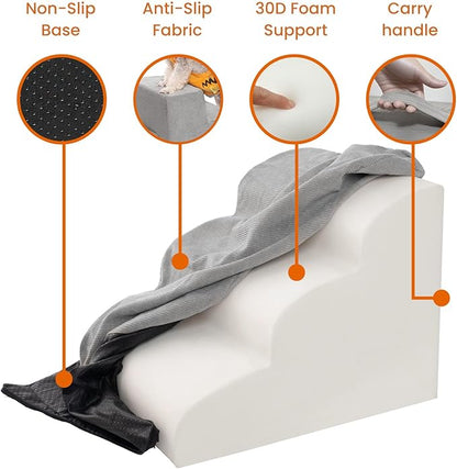 MEWANG Dog Stairs for Small &amp; Medium Dogs and Old Cats –3/4/ 5 Steps High-Density Foam Pet Ramp for Bed &amp; Couch, Non-Slip, Washable Cover, Grey (Round Corner, 3 Steps: 17.95&