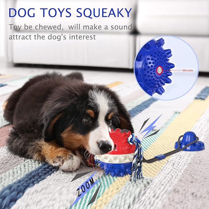 Aggressive Chewer Dog Toys - Rope Toys with Suction Cup, Teething Treats &amp; Puzzle Food Dispensing Ball (Navy Blue)