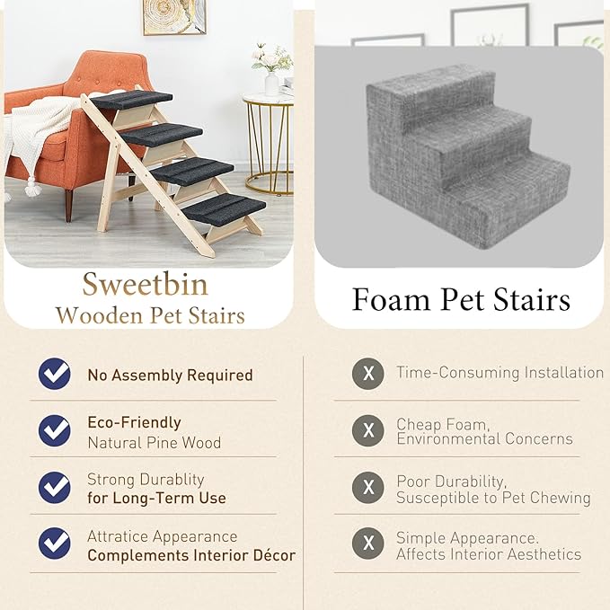 Wood Pet Stairs/Pet Steps for All Dogs and Cats - 2-in-1 Foldable Carpeted 4 Tiers Dog Stairs &amp; Ramp Perfect for Beds and Cars - Portable Dog/Cat Ladder Up to 150 Pounds