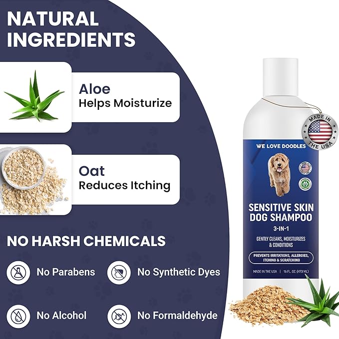 Premium 3-in-1 Sensitive Skin Dog Shampoo, Great for Allergies, Itching, Scratching, Anti-Itch Shampoo for Dogs with Oatmeal &amp; Aloe, Made in USA, Natural Ingredients, 16 oz [We Love Doodles]
