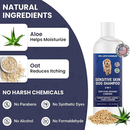 Premium 3-in-1 Sensitive Skin Dog Shampoo, Great for Allergies, Itching, Scratching, Anti-Itch Shampoo for Dogs with Oatmeal &amp; Aloe, Made in USA, Natural Ingredients, 16 oz [We Love Doodles]