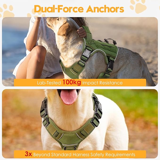Heavy-Duty Tactical Dog Harness for Large Dogs, No Pull Adjustable Reflective Pet Vest with Molle System, K9 Military-Grade Control for Service Training, Outdoor &amp; 10+ Breeds, Green, Small