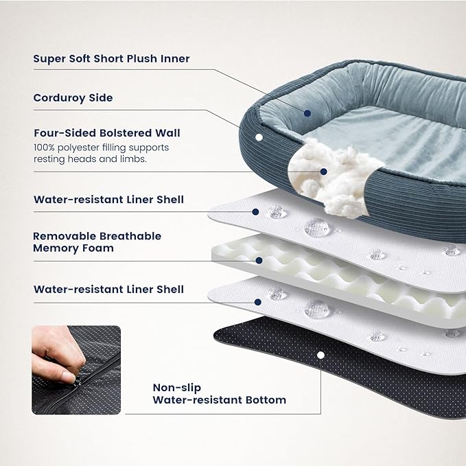 Orthopedic Cat Beds for Indoor Cats, Egg-Crate Memory Foam Pet Sofa with Bolster Sides, Oval Crate Bed, Washable Removable Cover &amp; Non-Slip Bottom, Haze Blue