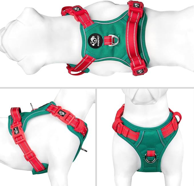 PHOEPET No Pull Dog Harness, Unique Colors Reflective Adjustable Dog Vest, with Soft Training Handle Metal Clips for Small Medium Large Dogs (Dark Green Base &amp; Red Straps,S)