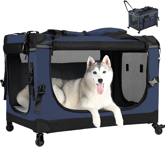 30IN Soft Collapsible Dog Crate w Detachable Wheels, Rolling Travel Dog Crate for Medium Breed Dogs, Portable Dog Kennel with Mesh Windows, Indoor &amp; Outdoor Uses