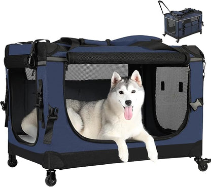 30IN Soft Collapsible Dog Crate w Detachable Wheels, Rolling Travel Dog Crate for Medium Breed Dogs, Portable Dog Kennel with Mesh Windows, Indoor &amp; Outdoor Uses