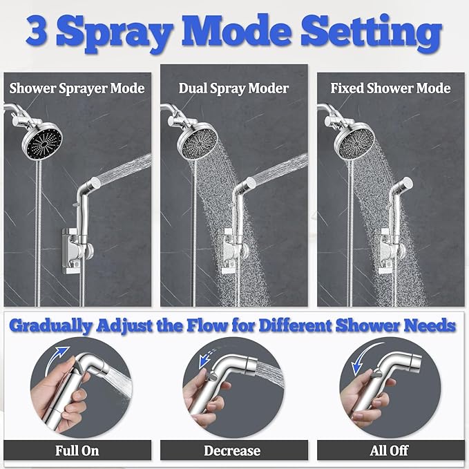 Dog Shower Attachment Metal, YDmeet Pet Washing Hose Attachment for Fast &amp; Clean Bathing, Brass 3 Way Diverter, Adjustable Sprayer wtih Turn Off, 8 ft Hose and Holder, Chrome
