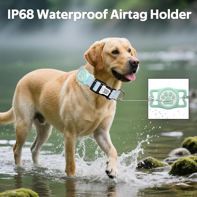 Dog Collar with Waterproof AirTag Holder &amp; Anti-Lost QR Code, Cute Bling Warpping Adjustable Width for Small Medium Large Pet (Light Blue, M)