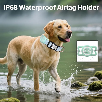 Dog Collar with Waterproof AirTag Holder &amp; Anti-Lost QR Code, Cute Bling Warpping Adjustable Width for Small Medium Large Pet (Light Blue, M)