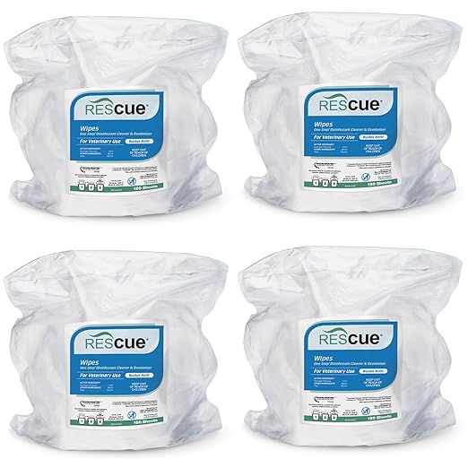 REScue One-Step Disinfectant Cleaner &amp; Deodorizer Wipes for Vet Use – Cleaner for Kennels, Litter Boxes, Vet Offices, Pet Grooming Surfaces – Extra Large Wipes, 160-Count Bucket Refill (4 Pack)