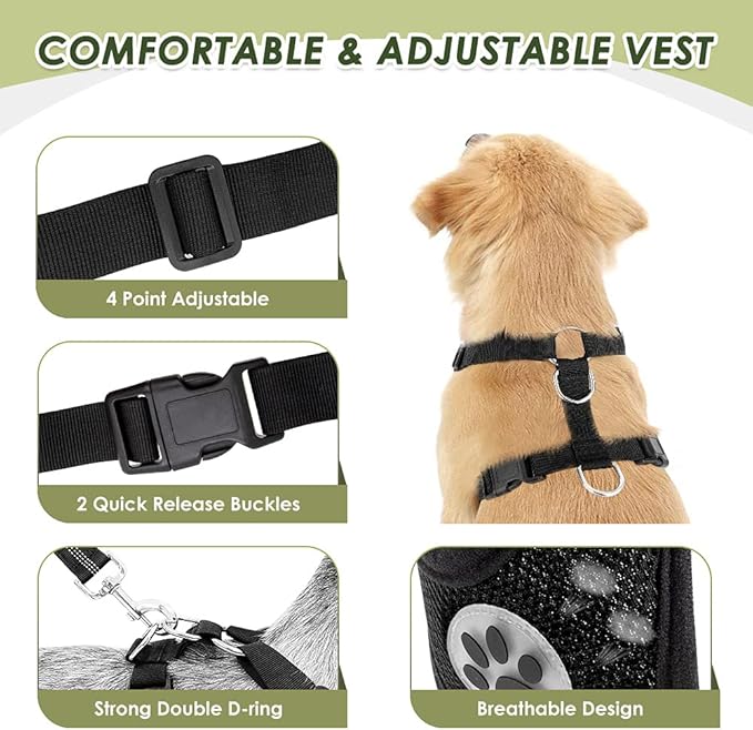 SlowTon Dog Seat Belt Harness for Car, Dog Car Harness Adjustable Mesh Breathable &amp; Dog Seatbelt Safety Tether with Elastic Bungee for Small Medium Large Pets(Red, Double Clip, L)