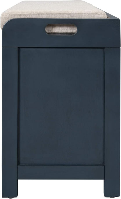 Storage Bench Removable Basket 2 Drawers Fully Assembled Acacia Wood Shoe Bench Standing Shoe Rack Removable Cushion for Living Room, Entrance Hallway, No Assembly Required Navy