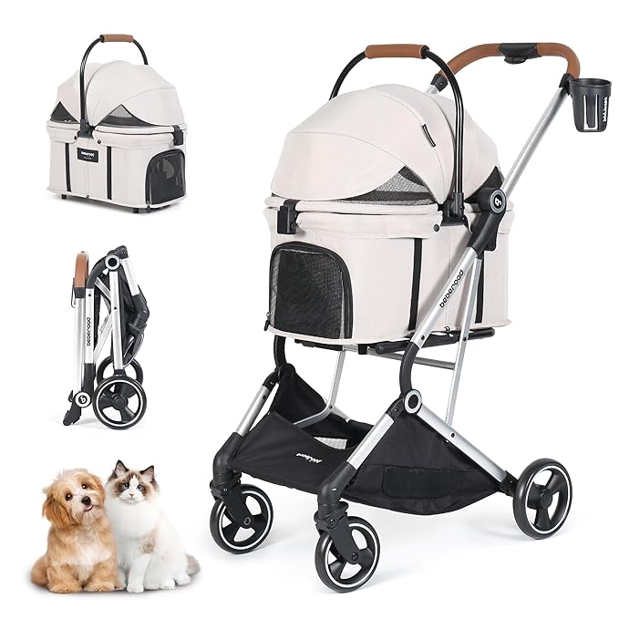 T3 Pro 3-in-1 Pet Stroller for Small Dogs &amp; Cats – Foldable, Lightweight with Detachable Carrier, 180° Canopy &amp; Cup Holder (Beige)