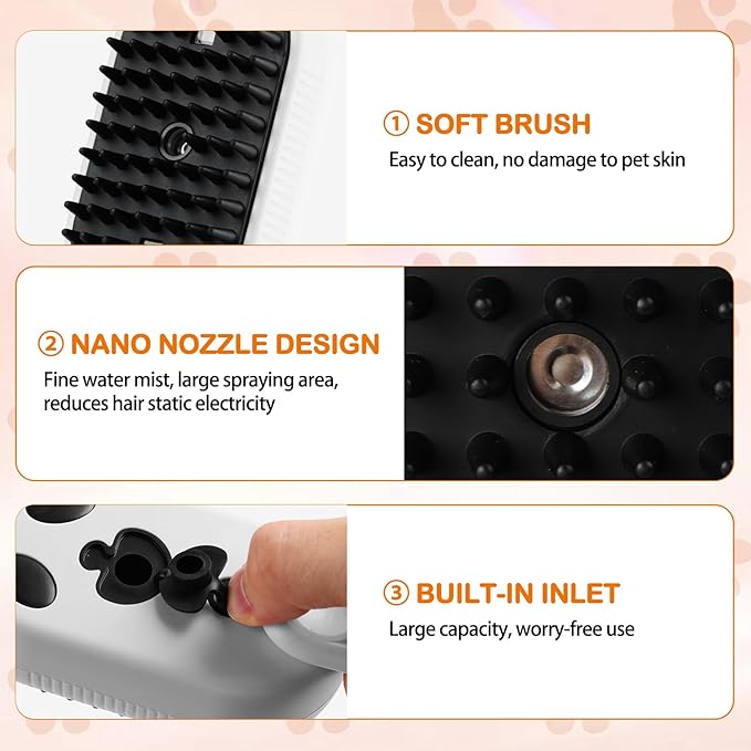 Pet Steam Brush for Dog &amp; Cat,3-in-1 Spray Hair Removal Comb,Pet Steam Groomer Comb,Water Brush for Long &amp; Short Haired Pets,Massage, Cleaning, Multifunctional Hair Removal Comb for Cats Dogs (White)