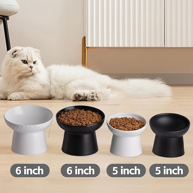 Small Ceramic Raised Cat Bowls, Tilted Elevated Food or Water Bowls, Stress Free, Backflow Prevention, Dishwasher and Microwave Safe, Lead &amp; Cadmium Free(White)