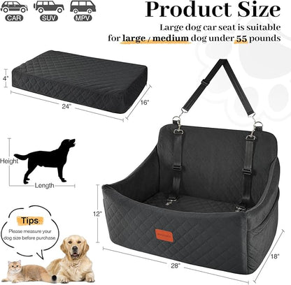 Dog Car Seat for Medium &amp; Large Dogs Up to 55lbs, Memory Foam Cushion, Washable Cover, Safety Straps &amp; Non-Slip Bottom(Black,Large)