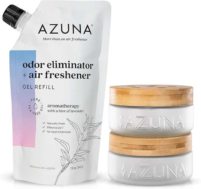 Azuna Air Freshener &amp; Odor Eliminator for Strong Odor | 2 Room Kit Includes (2) 8 oz. Empty Luxe Glass Jars &amp; 12 oz | Refill with Tea Tree Essential Oil Gel | Aromatherapy | Last 60-90 Days