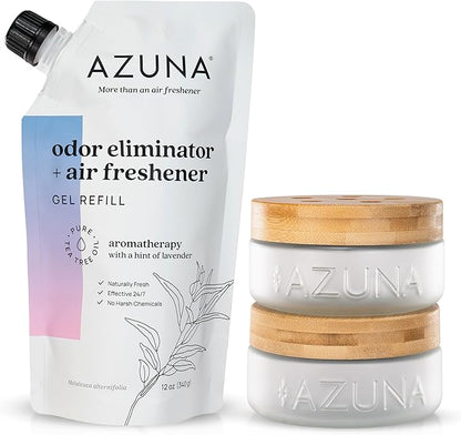Azuna Air Freshener &amp; Odor Eliminator for Strong Odor | 2 Room Kit Includes (2) 8 oz. Empty Luxe Glass Jars &amp; 12 oz | Refill with Tea Tree Essential Oil Gel | Aromatherapy | Last 60-90 Days