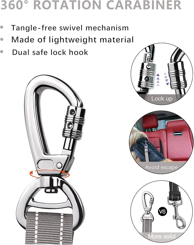 AUBELL Dog Seat Belt for Car,2 Pack Set 3-in-1 Adjustable Reflective Bungee Heavy Duty Dog Car Harness Tether with Clip Hook Latch &amp; Buckle,Swivel Zinc Alloy Carabiner,Black+Grey