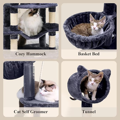 Globlazer Artistic Curved Cat Tower for Small Cats (Under 12 lbs), 81-inch Slim Design Cat Tree with Space-Saving Design, Indoor Cat Condo with Hammock &amp; Tunnel, C81, Dark Gray, Non-Large Cats