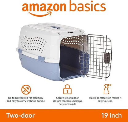 Amazon Basics 2-Door Top-Load Hard-Sided Cat Pet Travel Carrier, 19.0" L x 12.6" W x 10.0" H, Gray &amp; Blue