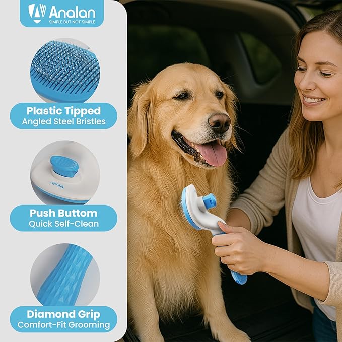 3 in 1 Analan Cat Brush Pet Hair Remover for Dog &amp; Cat, Self-Cleaning Slicker Brush for Pet Grooming, Perfect Pet Hair Removal Tool for Furniture Carpets Couches and Bedding (Sky Blue)