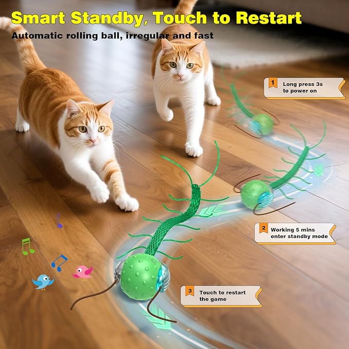 Interactive Cat Toys for Indoor Cats, Moving Cat Ball with Tail, Fast Rolling on Carpet, Chirping &amp; Motion Activate Toy for Bored Indoor Adult Cats