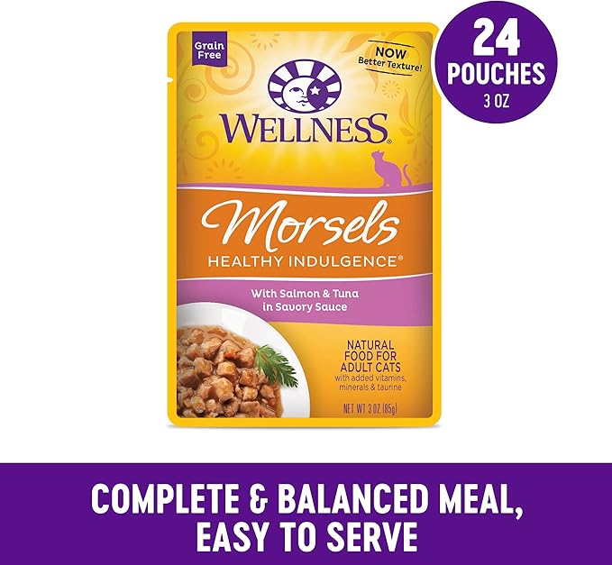 Wellness Healthly Indulgence Morsels Adult Wet Cat Food, Natural, Protein-Rich, Grain Free, 3 Ounce Pouch, 24 Pack, (Salmon &amp; Tuna)