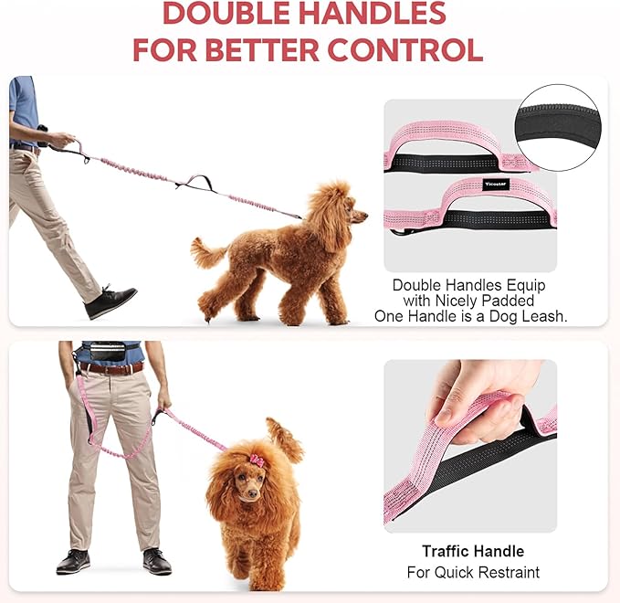 Hands Free Dog Leash, Adjustable Waist Belt with Double Padded Handles, Retractable Bungee for Medium &amp; Large Dogs, Waist Leash for Dog Walking, Running, No Pull, Pink