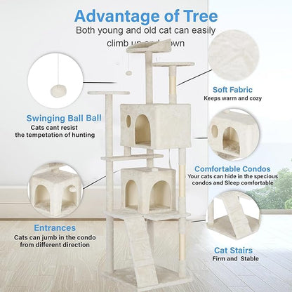 FDW Cat Tree Tower 81in Multi-Level Durable Cat Scratching Post &amp; Cozy Fun Jumping Platform Space Saving Condo Pet Play House for Indoor Cats,Beige
